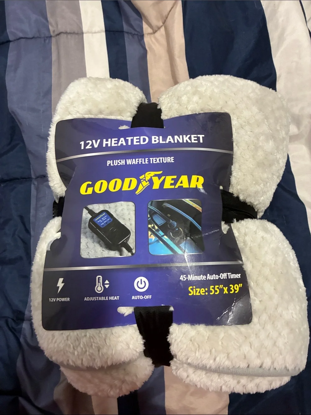 Goodyear 12V Plush Waffle Heated Blanket - Cream White